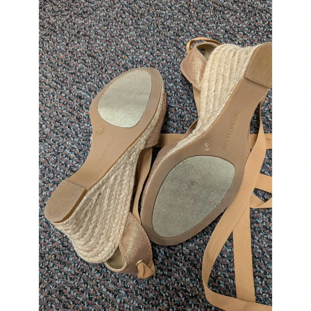 Antonio Melani Gold Metallic Espadrille Wedge Sandals Ribbon Lace Up Womens 7M